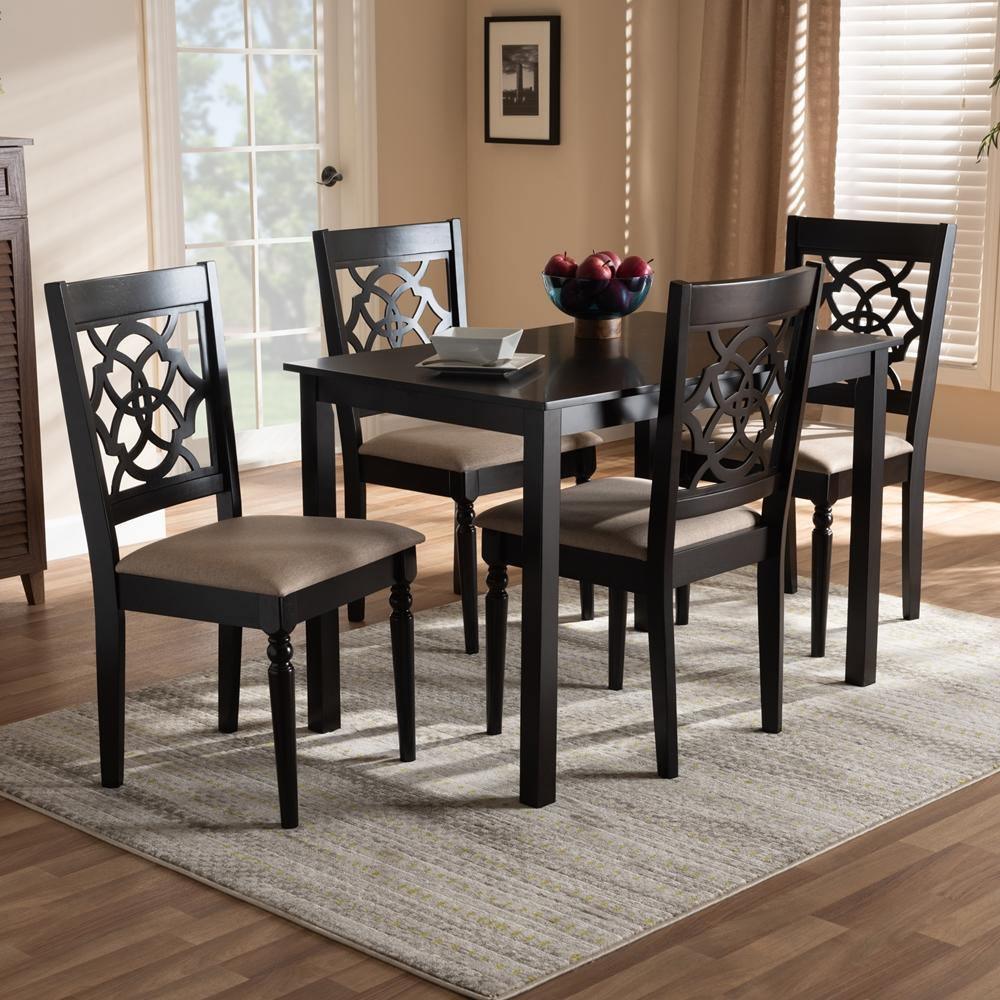 Renaud Modern and Contemporary Sand Fabric Upholstered Espresso Brown Finished 5-Piece Wood Dining Set FredCo