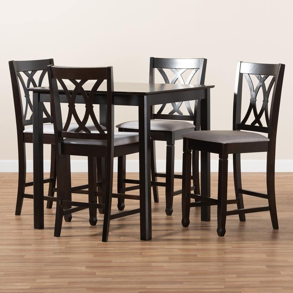 Reneau Modern and Contemporary Gray Fabric Upholstered Espresso Brown Finished 5-Piece Wood Pub Set FredCo