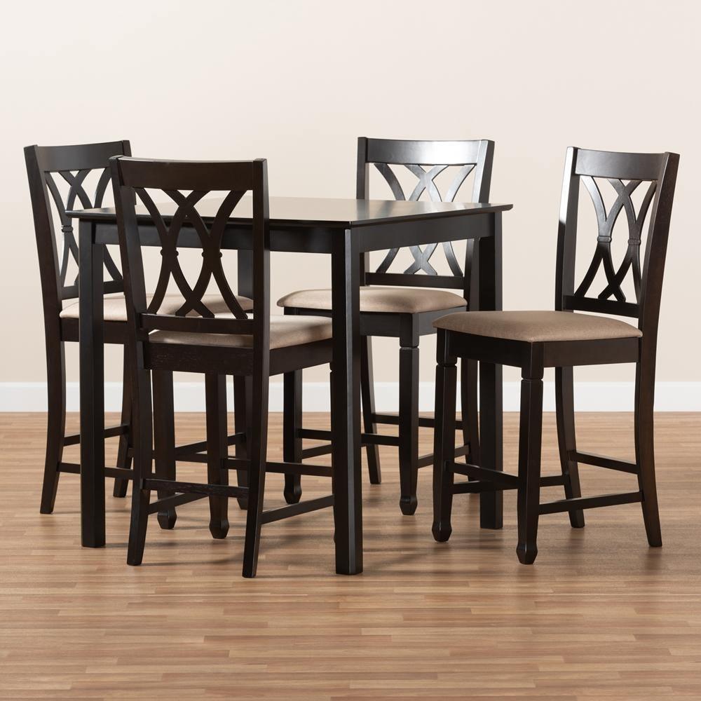 Reneau Modern and Contemporary Sand Fabric Upholstered Espresso Brown Finished 5-Piece Wood Pub Set FredCo