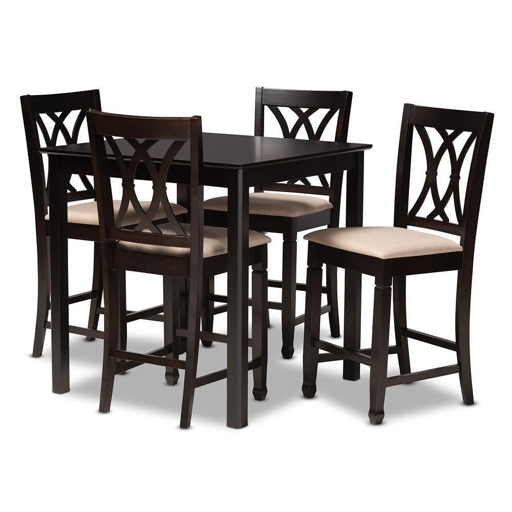Reneau Modern and Contemporary Sand Fabric Upholstered Espresso Brown Finished 5-Piece Wood Pub Set FredCo
