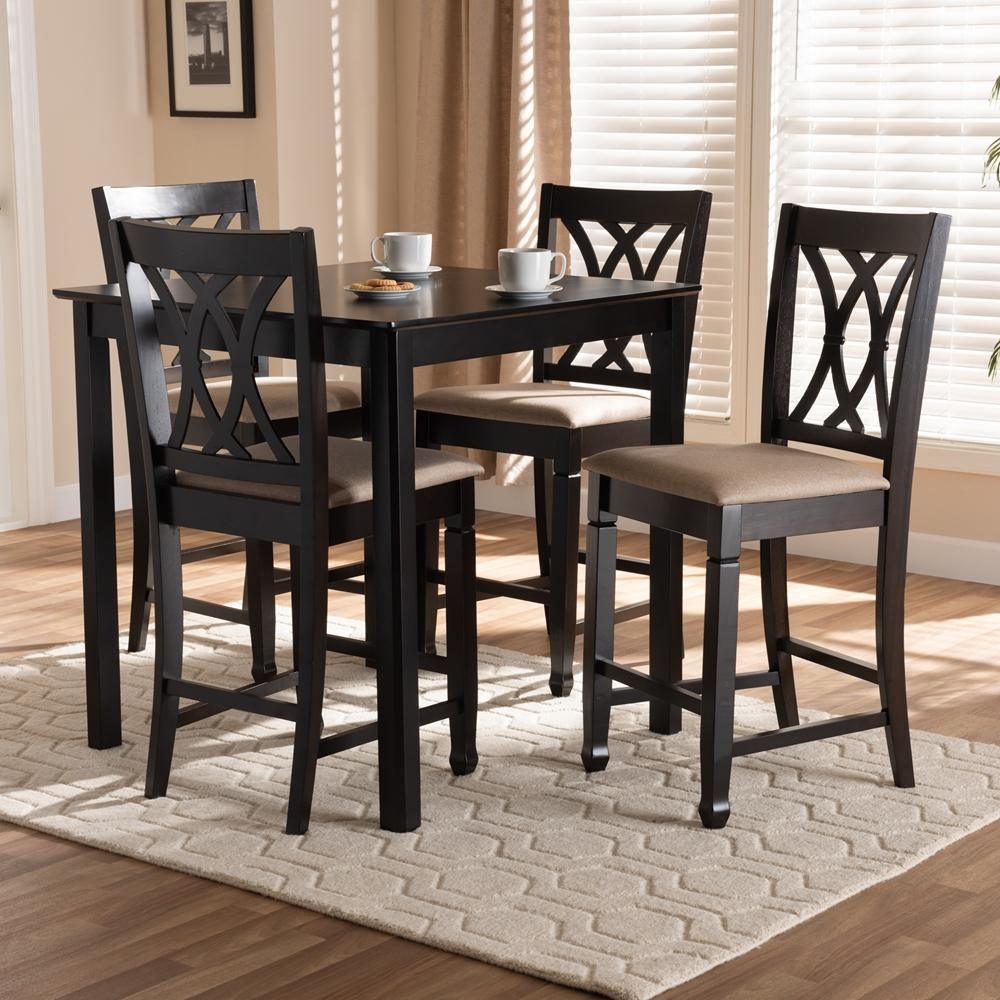 Reneau Modern and Contemporary Sand Fabric Upholstered Espresso Brown Finished 5-Piece Wood Pub Set FredCo