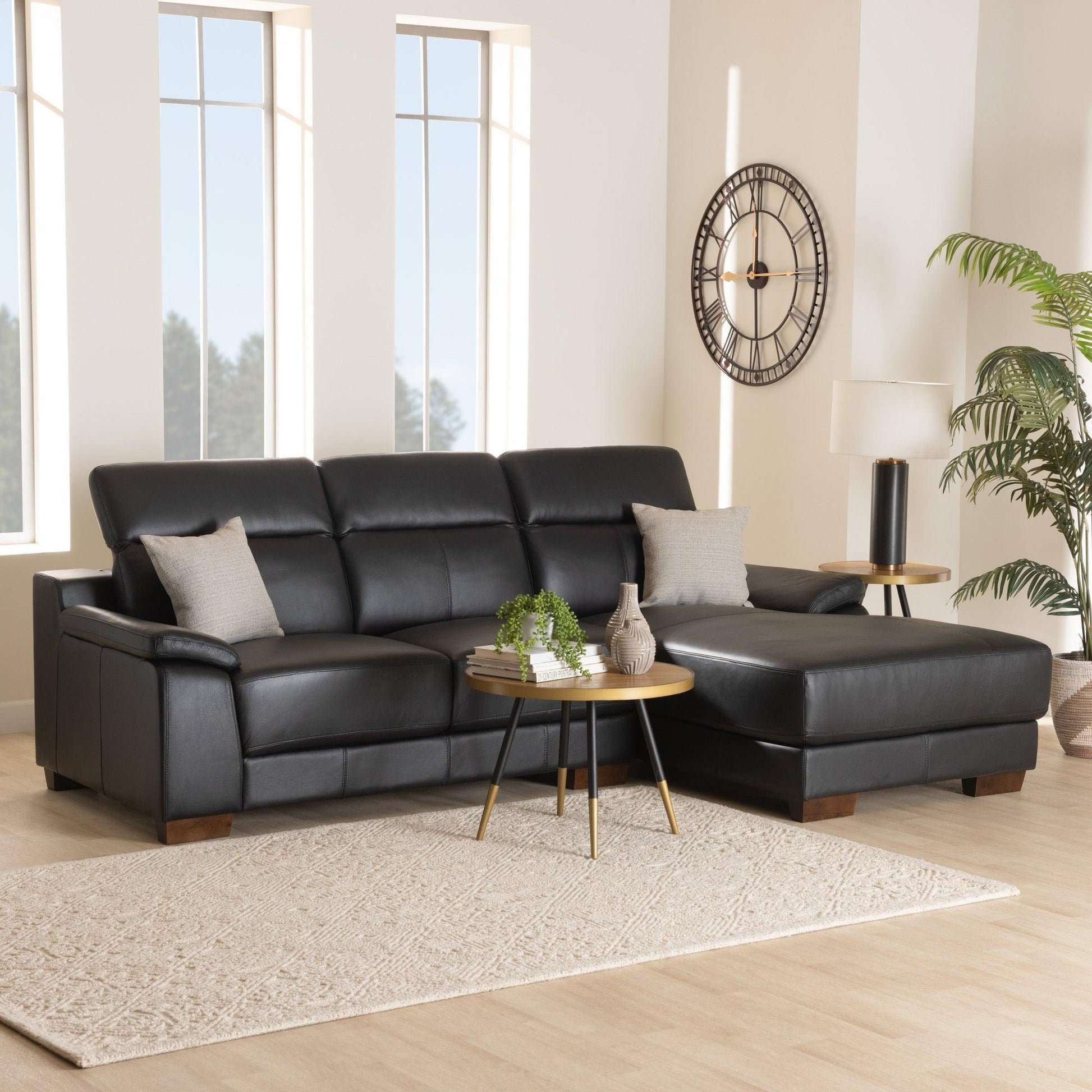 Reverie Modern Black Full Leather Sectional Sofa with Right Facing Chaise FredCo