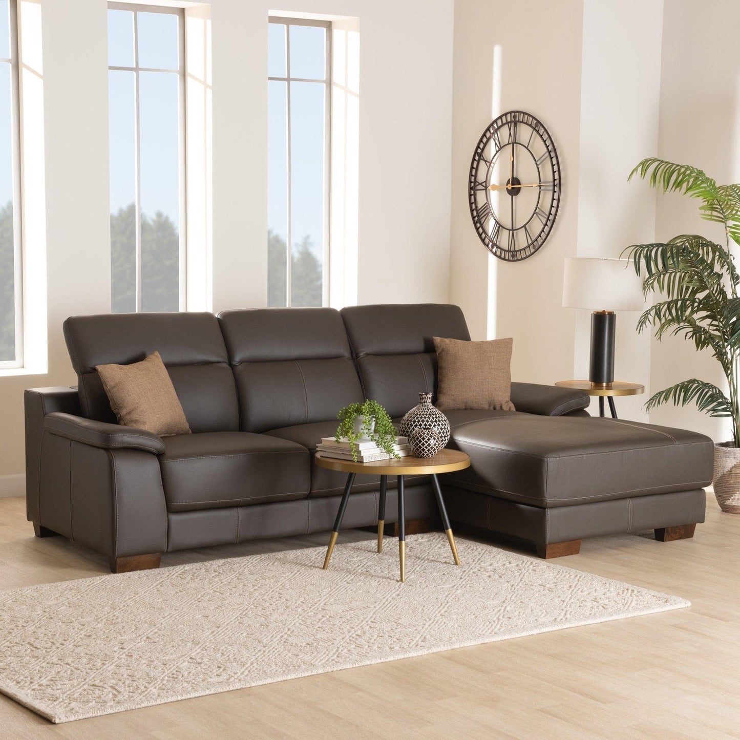 Reverie Modern Brown Full Leather Sectional Sofa with Right Facing Chaise FredCo