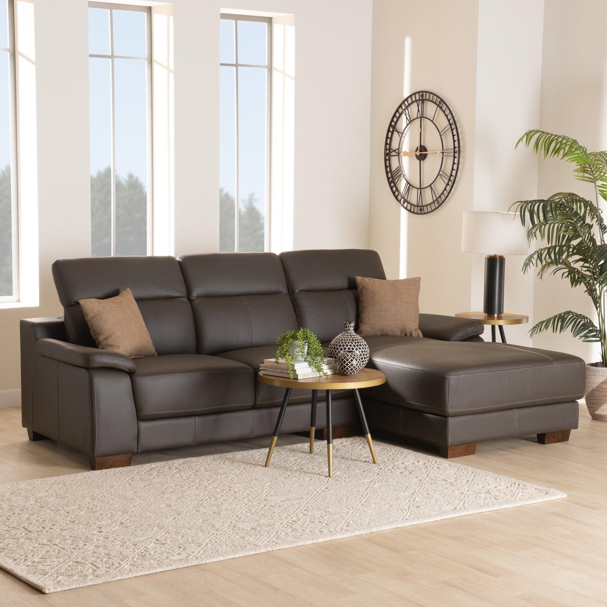 Reverie Modern Brown Full Leather Sectional Sofa with Right Facing Chaise FredCo