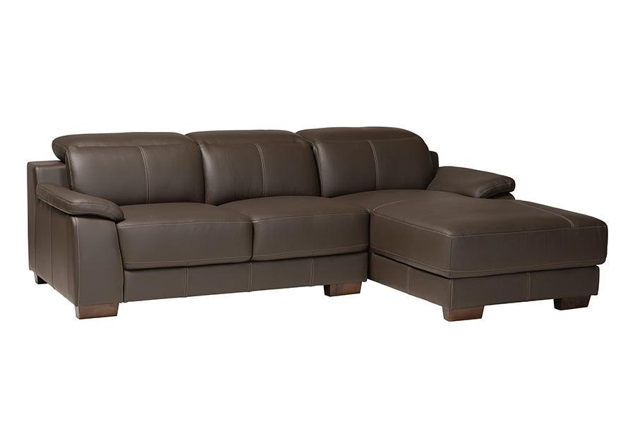 Reverie Modern Brown Full Leather Sectional Sofa with Right Facing Chaise FredCo