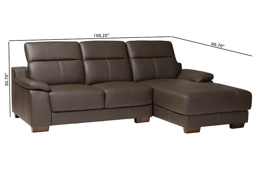 Reverie Modern Brown Full Leather Sectional Sofa with Right Facing Chaise FredCo