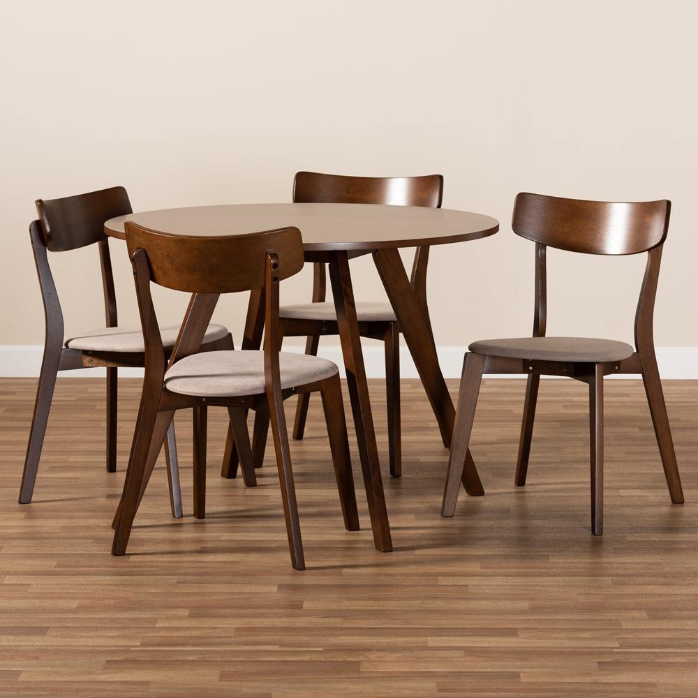 Rika Mid-Century Modern Transitional Light Beige Fabric Upholstered and Walnut Brown Finished Wood 5-Piece Dining Set FredCo