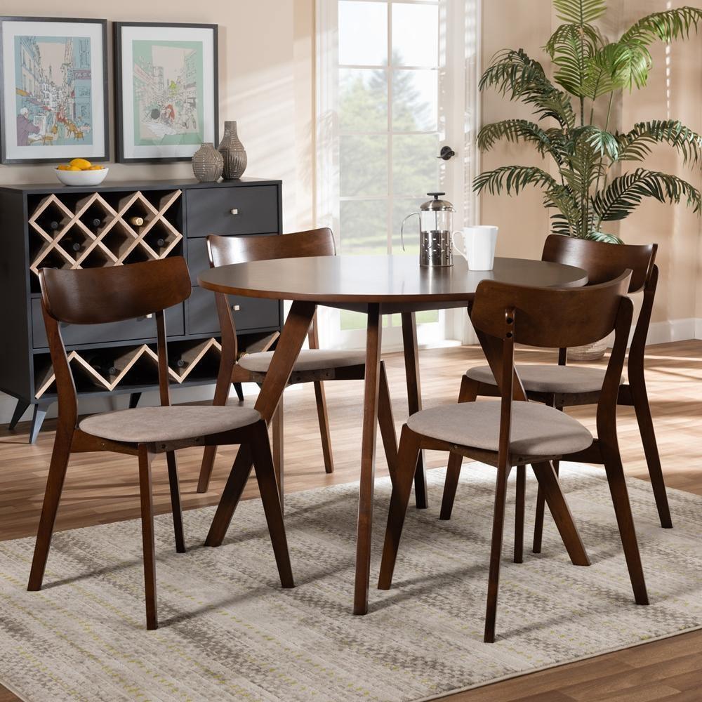 Rika Mid-Century Modern Transitional Light Beige Fabric Upholstered and Walnut Brown Finished Wood 5-Piece Dining Set FredCo