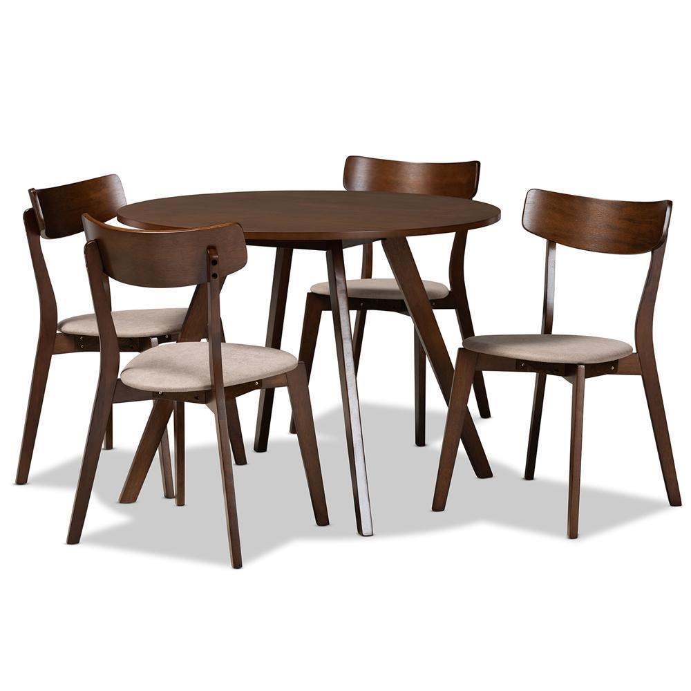 Rika Mid-Century Modern Transitional Light Beige Fabric Upholstered and Walnut Brown Finished Wood 5-Piece Dining Set FredCo