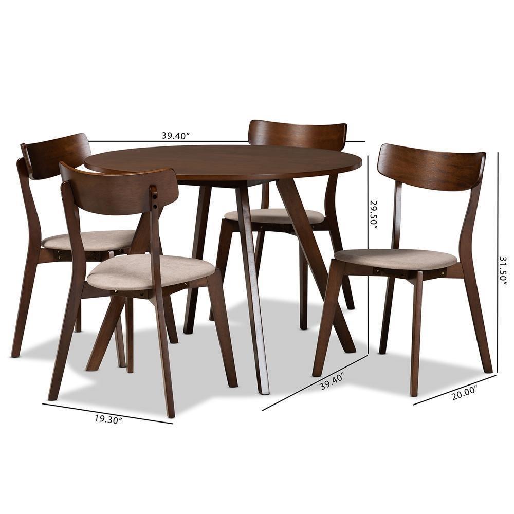 Rika Mid-Century Modern Transitional Light Beige Fabric Upholstered and Walnut Brown Finished Wood 5-Piece Dining Set FredCo