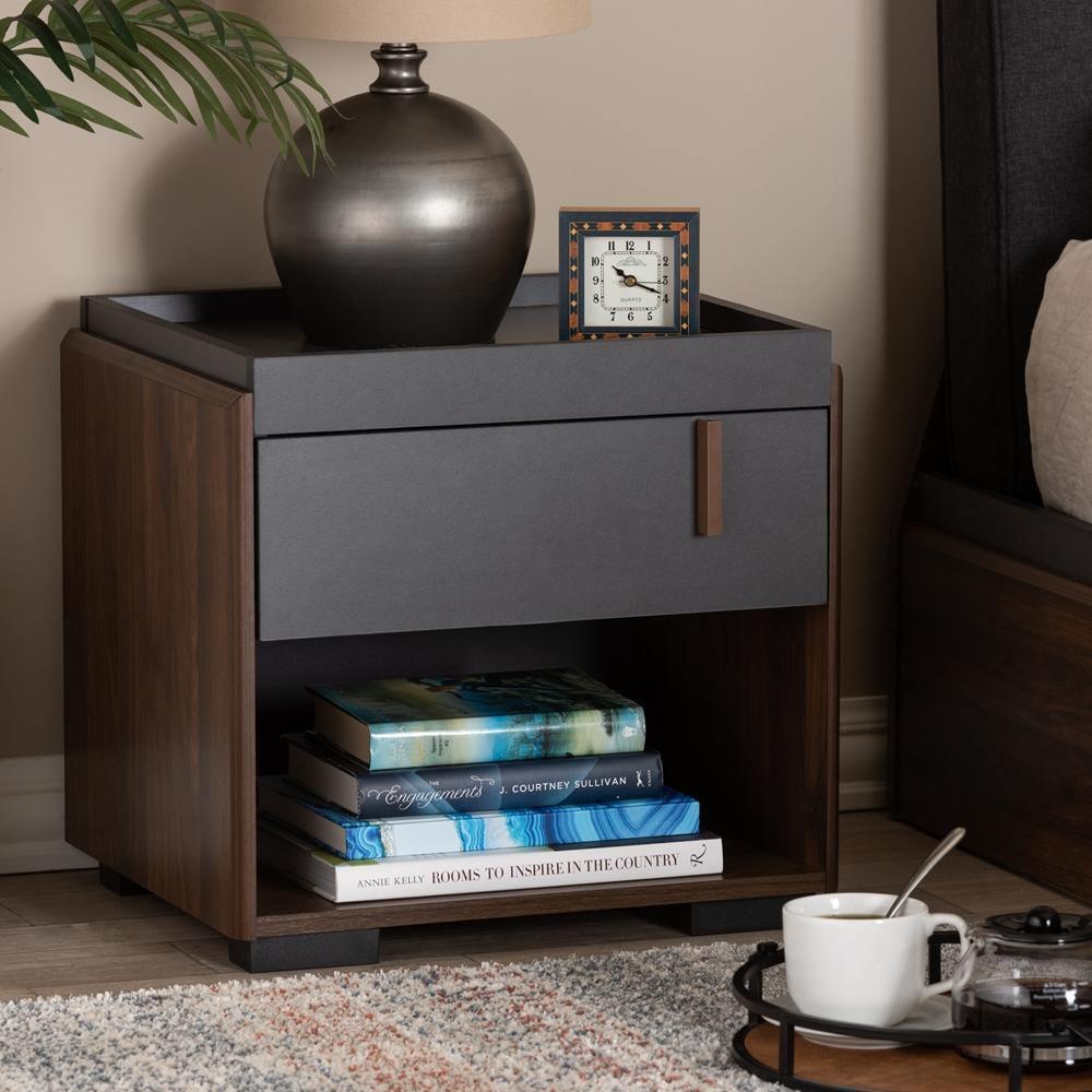 Rikke Modern and Contemporary Two-Tone Gray and Walnut Finished Wood 1-Drawer Nightstand FredCo