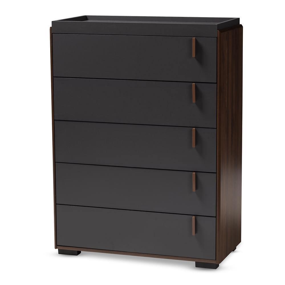 Rikke Modern and Contemporary Two-Tone Gray and Walnut Finished Wood 5-Drawer Chest FredCo