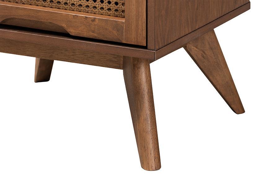 Rina Mid-Century Modern Ash Walnut Finished Wood 3-Piece Full Size Bedroom Set with Synthetic Rattan FredCo