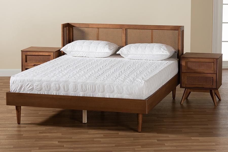 Rina Mid-Century Modern Ash Walnut Finished Wood 3-Piece Full Size Bedroom Set with Synthetic Rattan FredCo