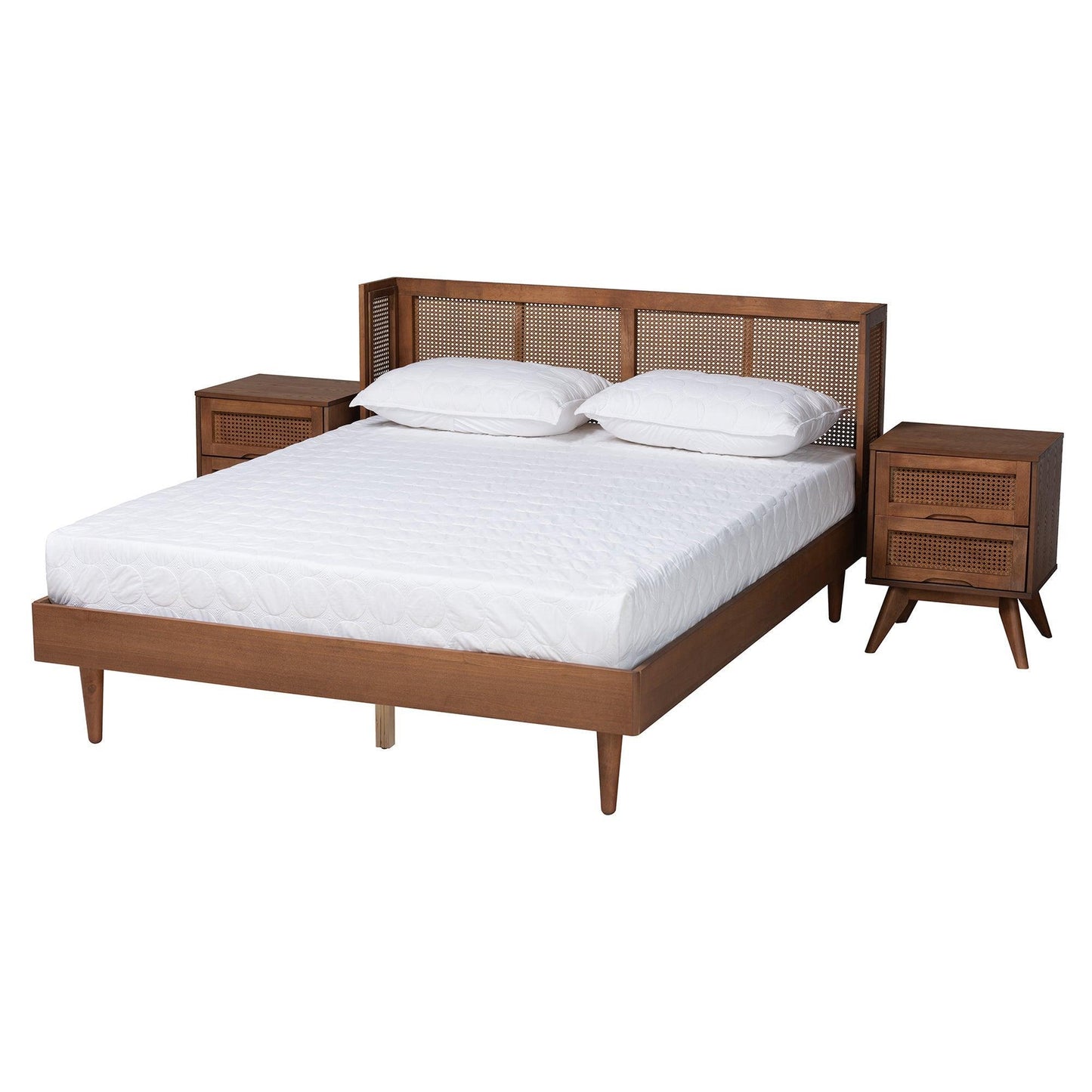 Rina Mid-Century Modern Ash Walnut Finished Wood 3-Piece Full Size Bedroom Set with Synthetic Rattan FredCo