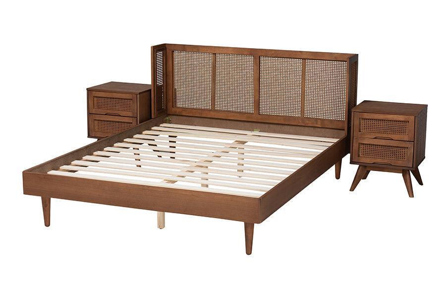 Rina Mid-Century Modern Ash Walnut Finished Wood 3-Piece Full Size Bedroom Set with Synthetic Rattan FredCo