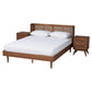 Rina Mid-Century Modern Ash Walnut Finished Wood 3-Piece King Size Bedroom Set with Synthetic Rattan FredCo