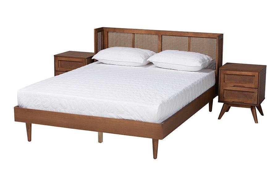 Rina Mid-Century Modern Ash Walnut Finished Wood 3-Piece King Size Bedroom Set with Synthetic Rattan FredCo