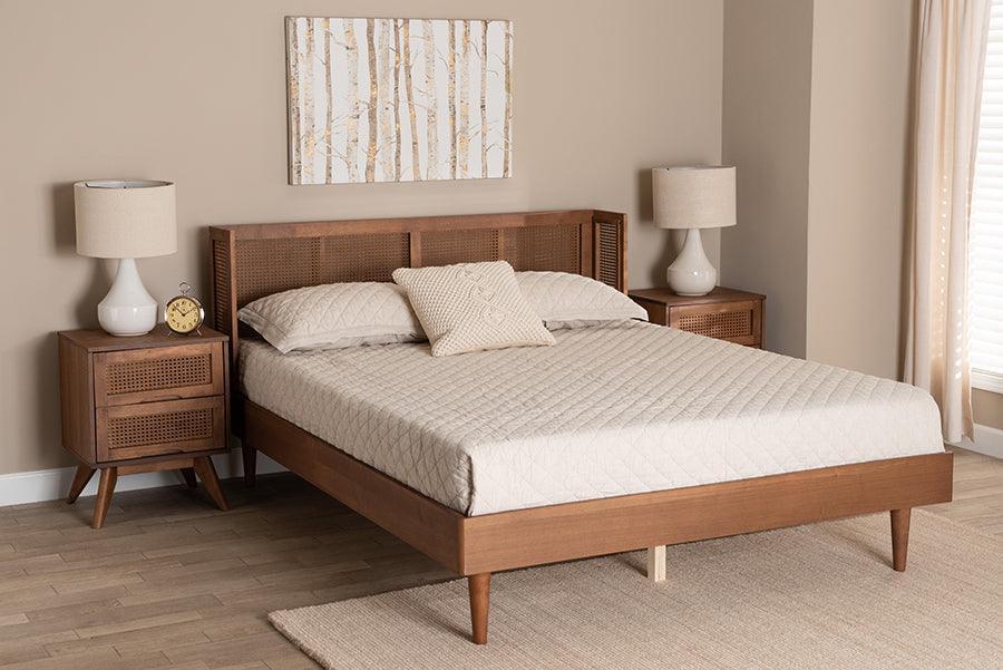 Rina Mid-Century Modern Ash Walnut Finished Wood 3-Piece King Size Bedroom Set with Synthetic Rattan FredCo