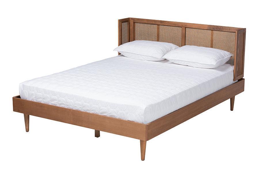 Rina Mid-Century Modern Ash Walnut Finished Wood 3-Piece Queen Size Bedroom Set with Synthetic Rattan FredCo