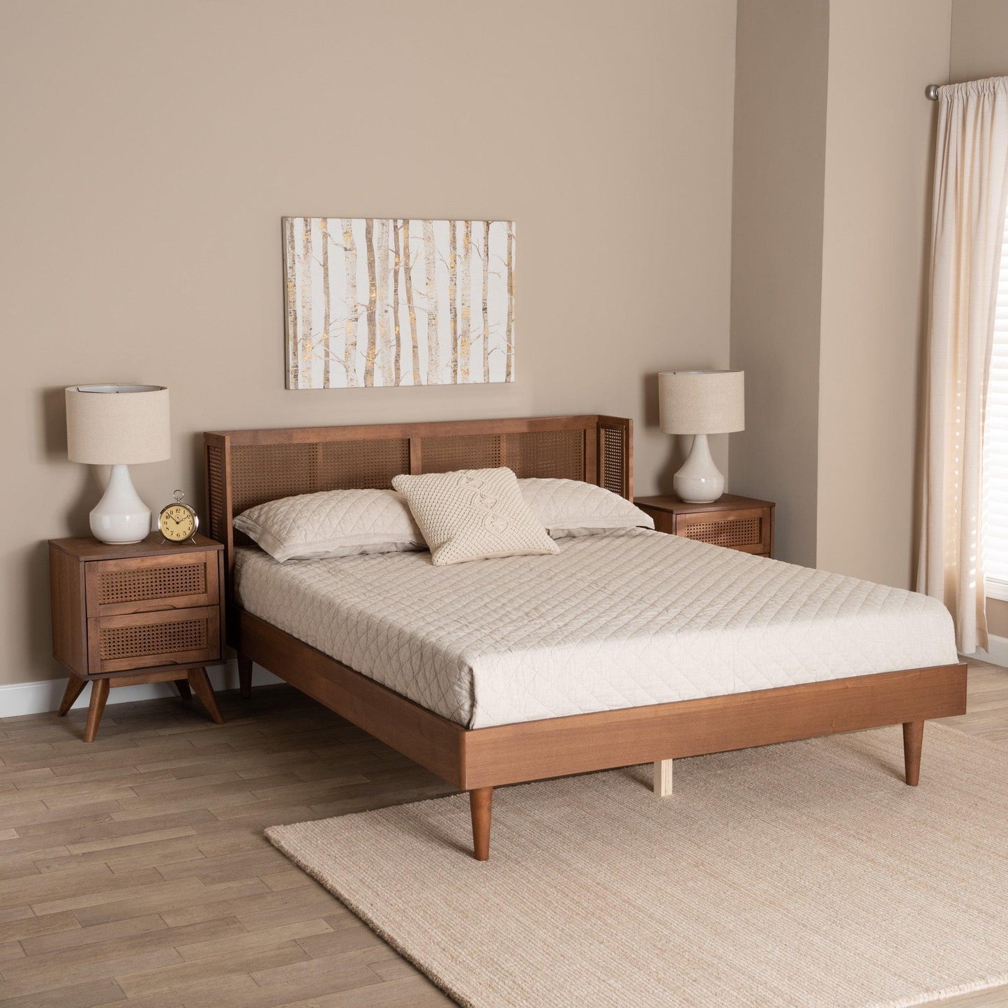 Rina Mid-Century Modern Ash Walnut Finished Wood 3-Piece Queen Size Bedroom Set with Synthetic Rattan FredCo