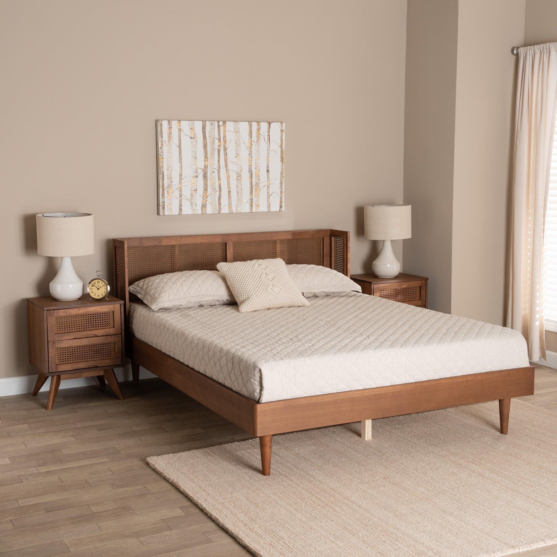 Rina Mid-Century Modern Ash Walnut Finished Wood 3-Piece Queen Size Bedroom Set with Synthetic Rattan FredCo