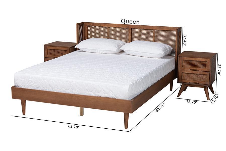 Rina Mid-Century Modern Ash Walnut Finished Wood 3-Piece Queen Size Bedroom Set with Synthetic Rattan FredCo