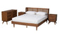 Rina Mid-Century Modern Ash Walnut Finished Wood 4-Piece Full Size Bedroom Set with Synthetic Rattan FredCo