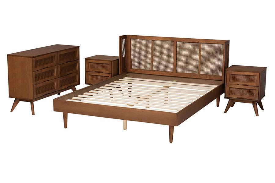 Rina Mid-Century Modern Ash Walnut Finished Wood 4-Piece Full Size Bedroom Set with Synthetic Rattan FredCo