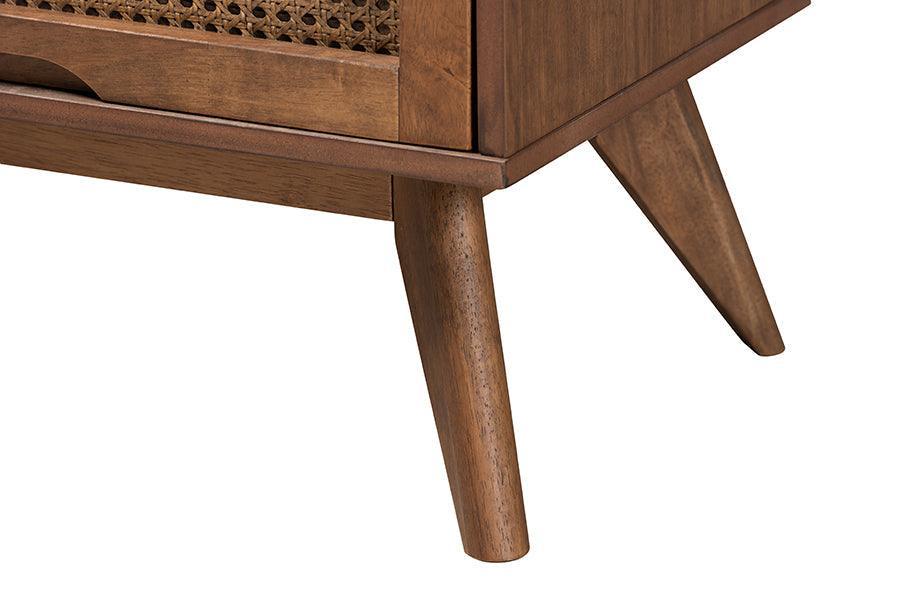 Rina Mid-Century Modern Ash Walnut Finished Wood 4-Piece Full Size Bedroom Set with Synthetic Rattan FredCo