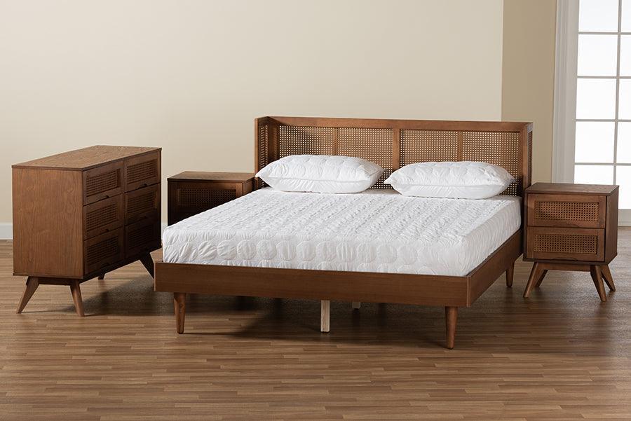 Rina Mid-Century Modern Ash Walnut Finished Wood 4-Piece Full Size Bedroom Set with Synthetic Rattan FredCo