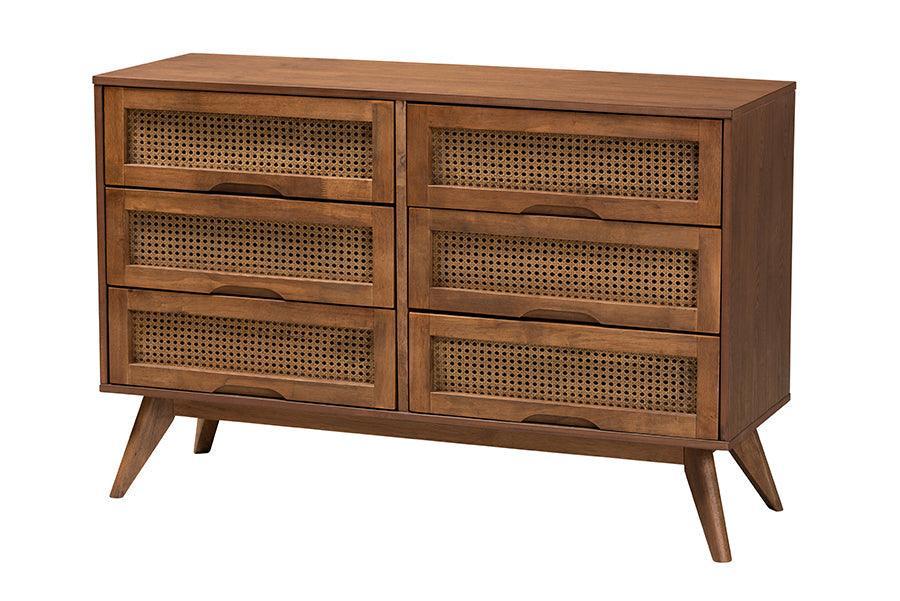 Rina Mid-Century Modern Ash Walnut Finished Wood 4-Piece Full Size Bedroom Set with Synthetic Rattan FredCo