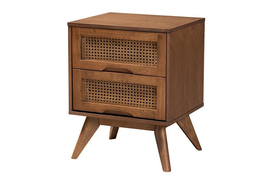 Rina Mid-Century Modern Ash Walnut Finished Wood 4-Piece Full Size Bedroom Set with Synthetic Rattan FredCo