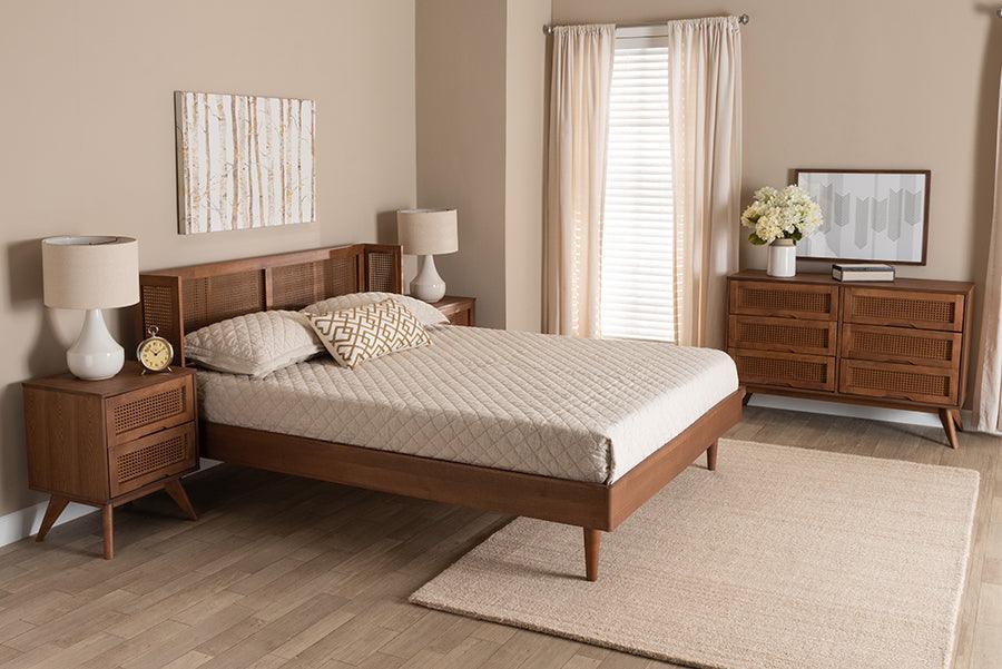 Rina Mid-Century Modern Ash Walnut Finished Wood 4-Piece Full Size Bedroom Set with Synthetic Rattan FredCo