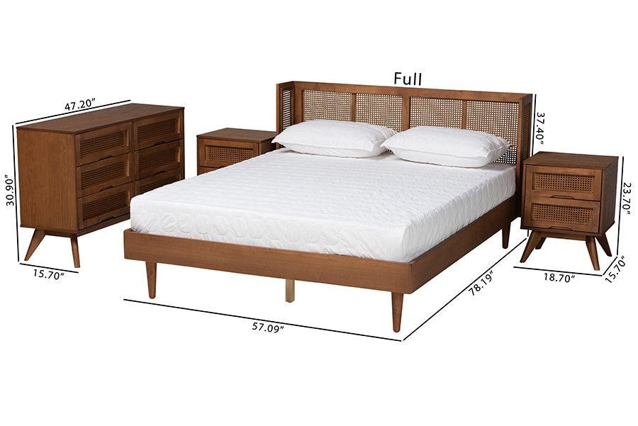Rina Mid-Century Modern Ash Walnut Finished Wood 4-Piece Full Size Bedroom Set with Synthetic Rattan FredCo