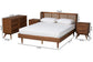 Rina Mid-Century Modern Ash Walnut Finished Wood 4-Piece Full Size Bedroom Set with Synthetic Rattan FredCo