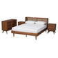 Rina Mid-Century Modern Ash Walnut Finished Wood 4-Piece King Size Bedroom Set with Synthetic Rattan FredCo