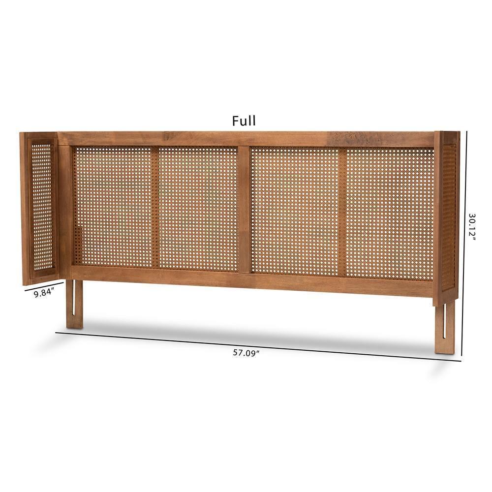 Rina Mid-Century Modern Ash Wanut Finished Wood and Synthetic Rattan Full Size Wrap-Around Headboard FredCo