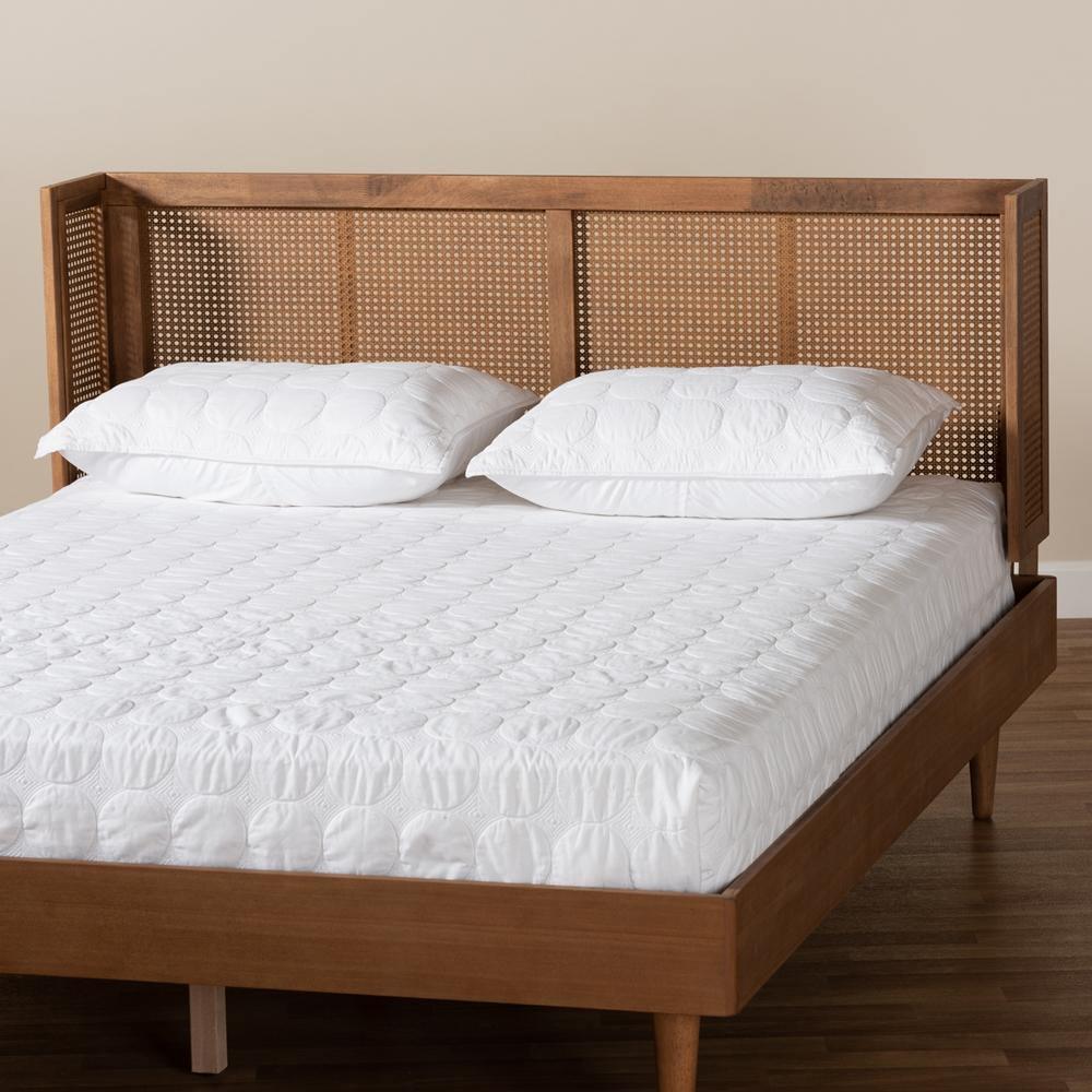 Rina Mid-Century Modern Ash Wanut Finished Wood and Synthetic Rattan Full Size Wrap-Around Headboard FredCo