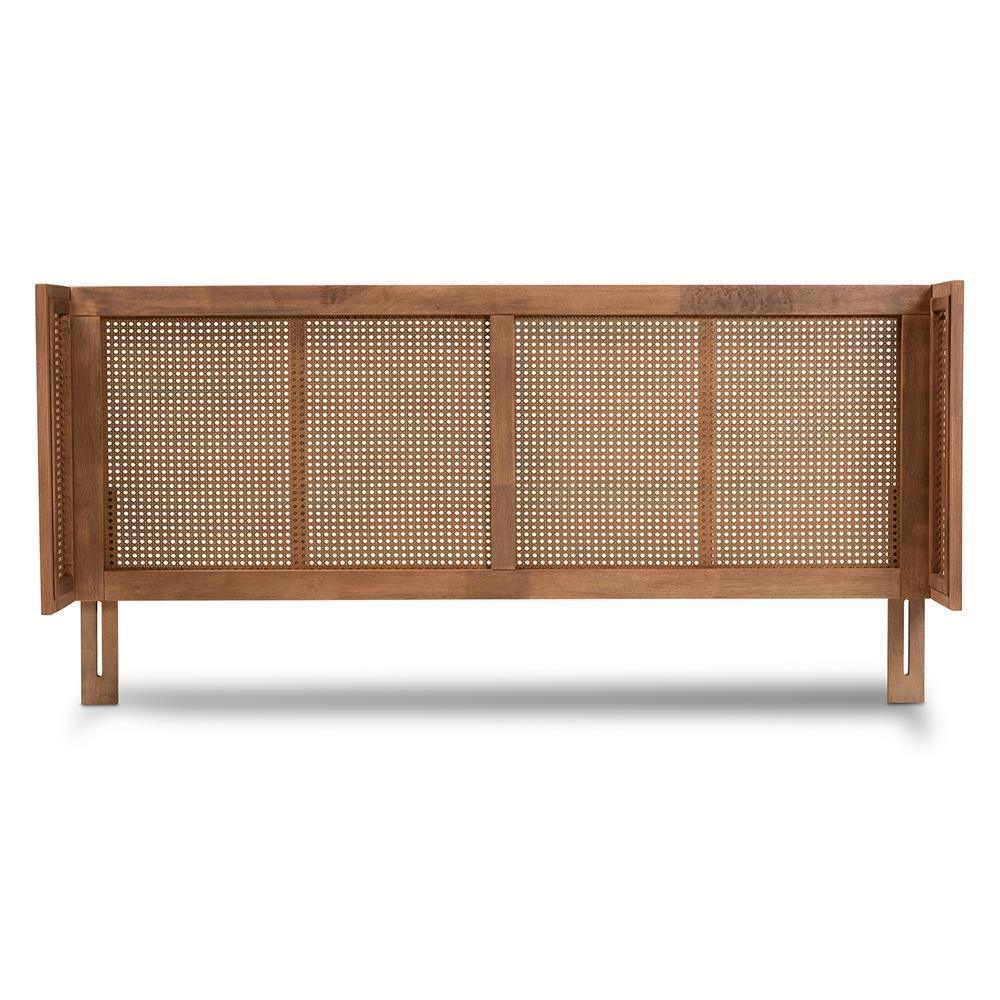 Rina Mid-Century Modern Ash Wanut Finished Wood and Synthetic Rattan Full Size Wrap-Around Headboard FredCo
