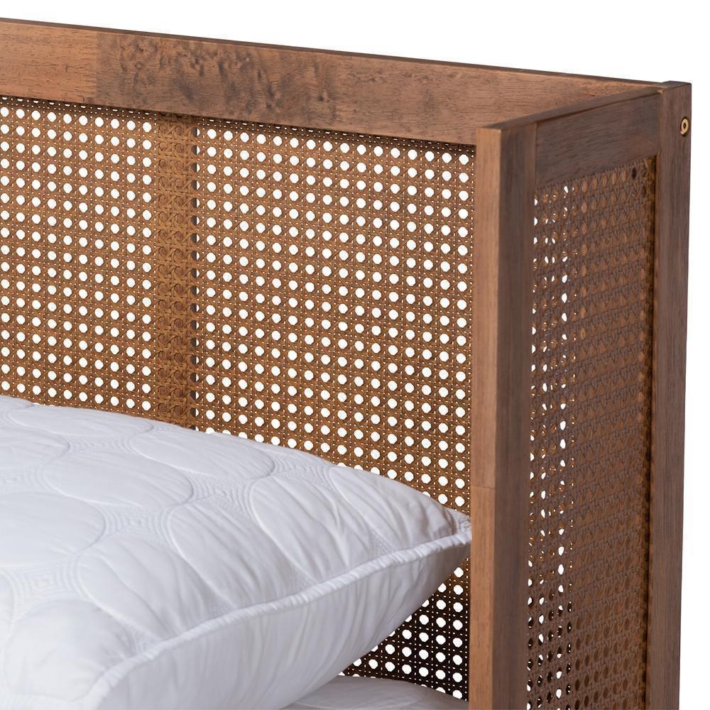 Rina Mid-Century Modern Ash Wanut Finished Wood and Synthetic Rattan Queen Size Platform Bed with Wrap-Around Headboard FredCo