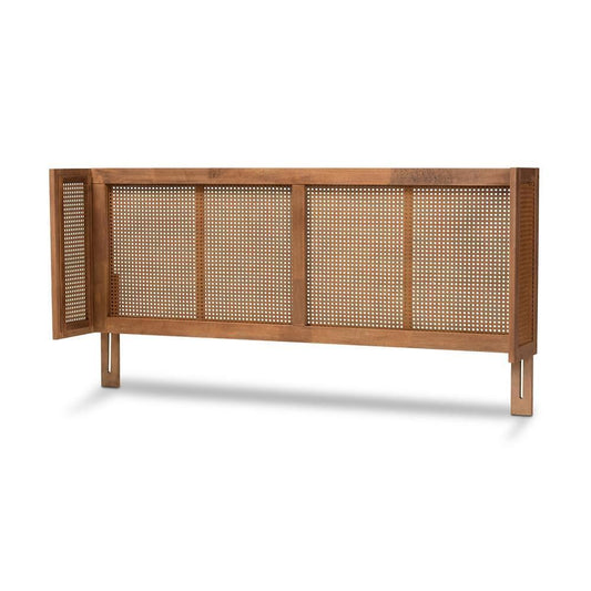 Rina Mid-Century Modern Ash Wanut Finished Wood and Synthetic Rattan Queen Size Wrap-Around Headboard FredCo