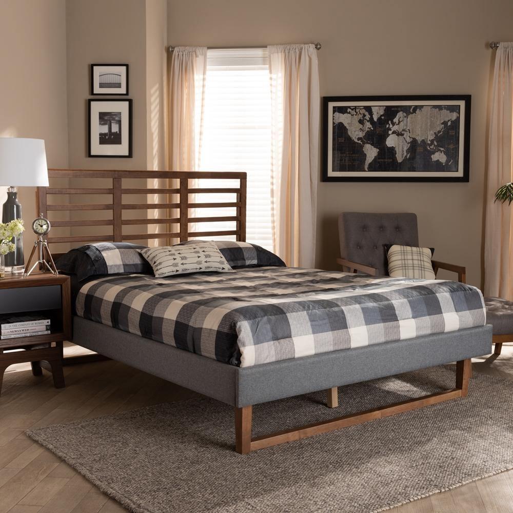 Rina Modern and Contemporary Dark Grey Fabric Upholstered and Ash Walnut Brown Finished Wood King Size Platform Bed FredCo