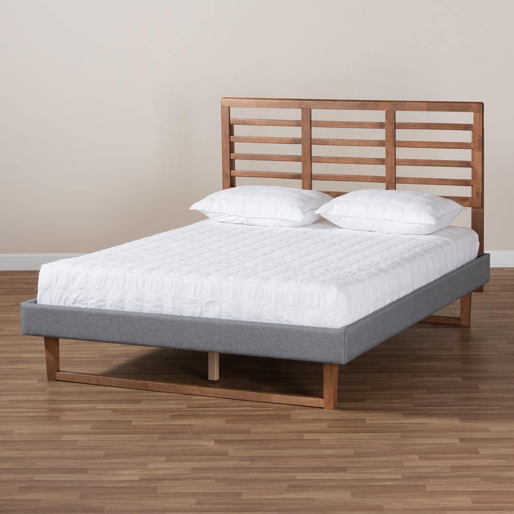 Rina Modern and Contemporary Dark Grey Fabric Upholstered and Ash Walnut Brown Finished Wood King Size Platform Bed FredCo