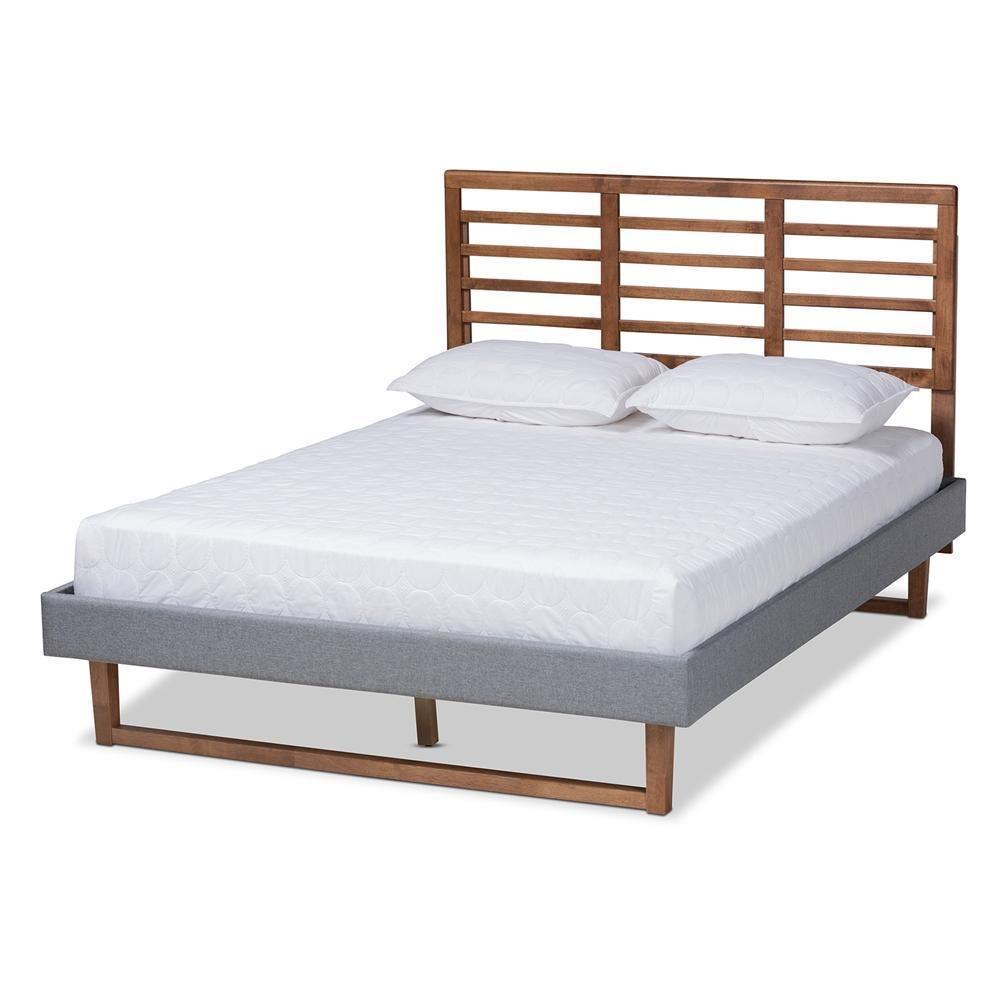 Rina Modern and Contemporary Dark Grey Fabric Upholstered and Ash Walnut Brown Finished Wood King Size Platform Bed FredCo