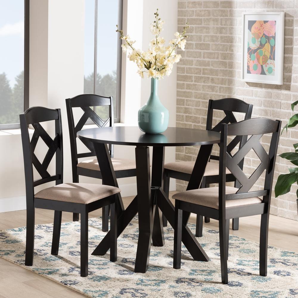 Riona Sand Fabric Upholstered and Dark Brown Finished Wood 5-Piece Dining Set FredCo
