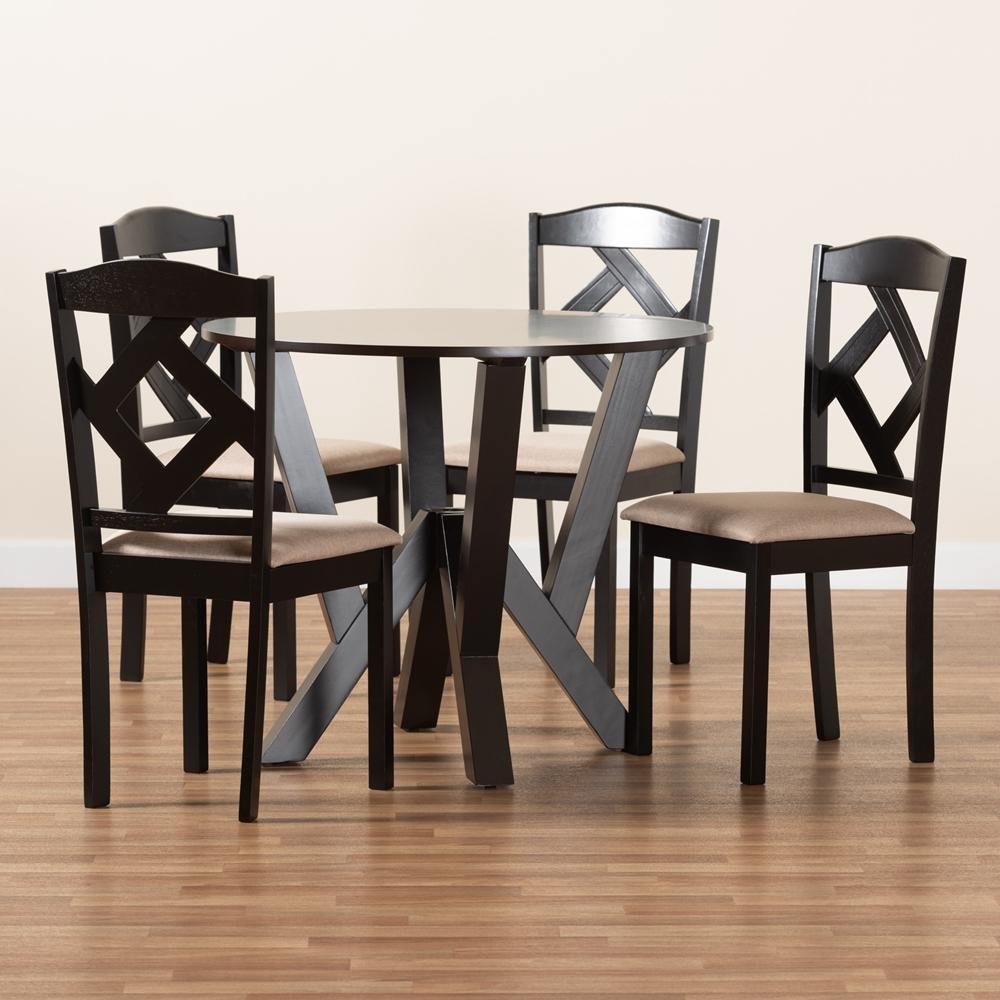 Riona Sand Fabric Upholstered and Dark Brown Finished Wood 5-Piece Dining Set FredCo