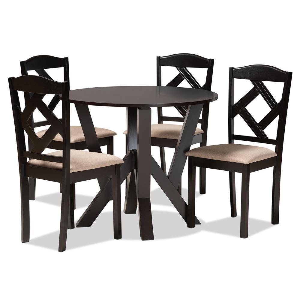 Riona Sand Fabric Upholstered and Dark Brown Finished Wood 5-Piece Dining Set FredCo