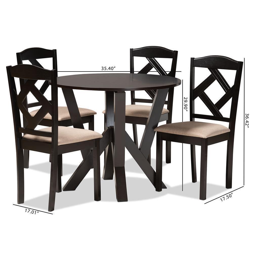 Riona Sand Fabric Upholstered and Dark Brown Finished Wood 5-Piece Dining Set FredCo