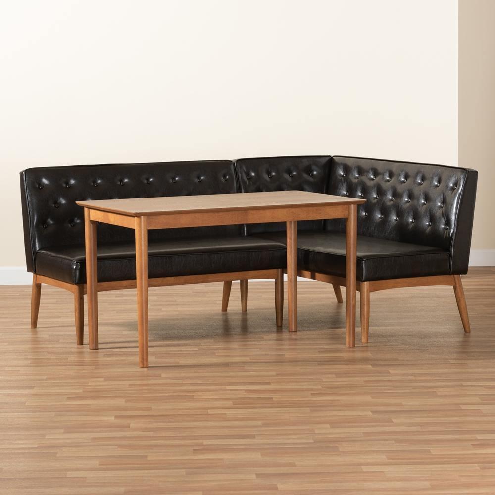 Riordan Mid-Century Modern Dark Brown Faux Leather Upholstered and Walnut Brown Finished Wood 3-Piece Dining Nook Set FredCo